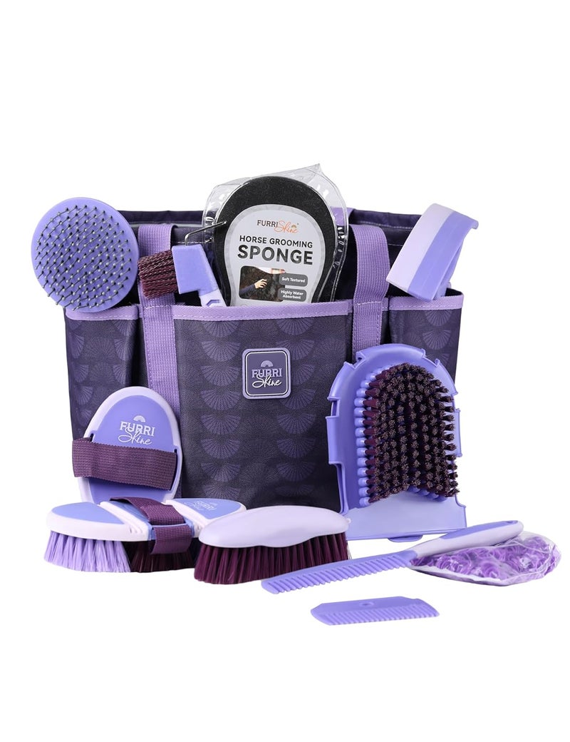 Furrishine 11PCS Horse Grooming Kit Curry Comb Sweat Scraper Horse Bathing Supplies Grooming Tools with Storage Bag Sugar Taro - Image 1